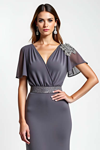 Steel Grey Sheath Beaded V Neck Long Mother of the Bride Dress