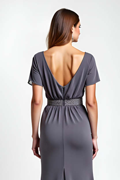 Steel Grey Sheath Beaded V Neck Long Mother of the Bride Dress