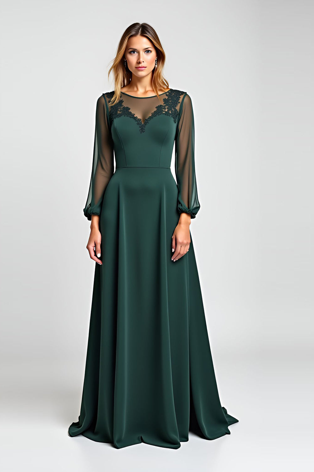 Leely Women Pine A Line Long Chiffon Mother of the Bride Dress Long Sleeves Illusion Neck Embroidered Wedding Guest Dress
