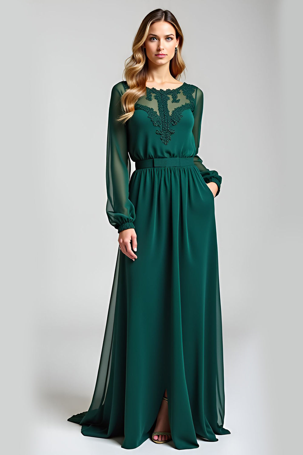 Leely Women Pine Embroideried Maxi Mother of the Bride Dress with Belt Long Sleeves Illusion Neck Wedding Guest Dress