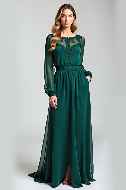 Leely Women Pine Embroideried Maxi Mother of the Bride Dress with Belt Long Sleeves Illusion Neck Wedding Guest Dress