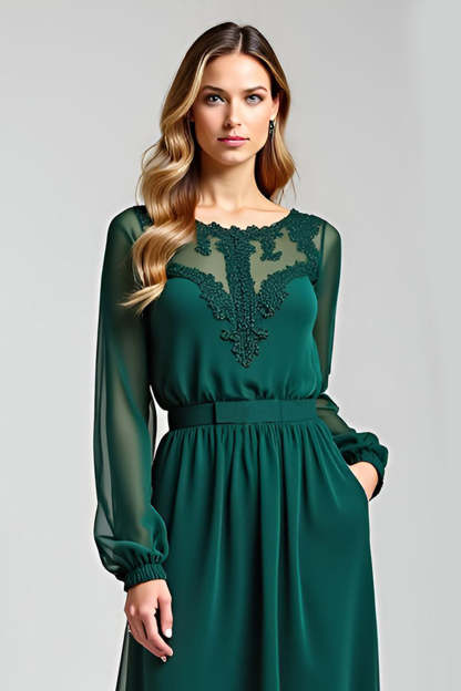 Pine Illusion Neck Embroideried Mother of the Bride Dress with Belt