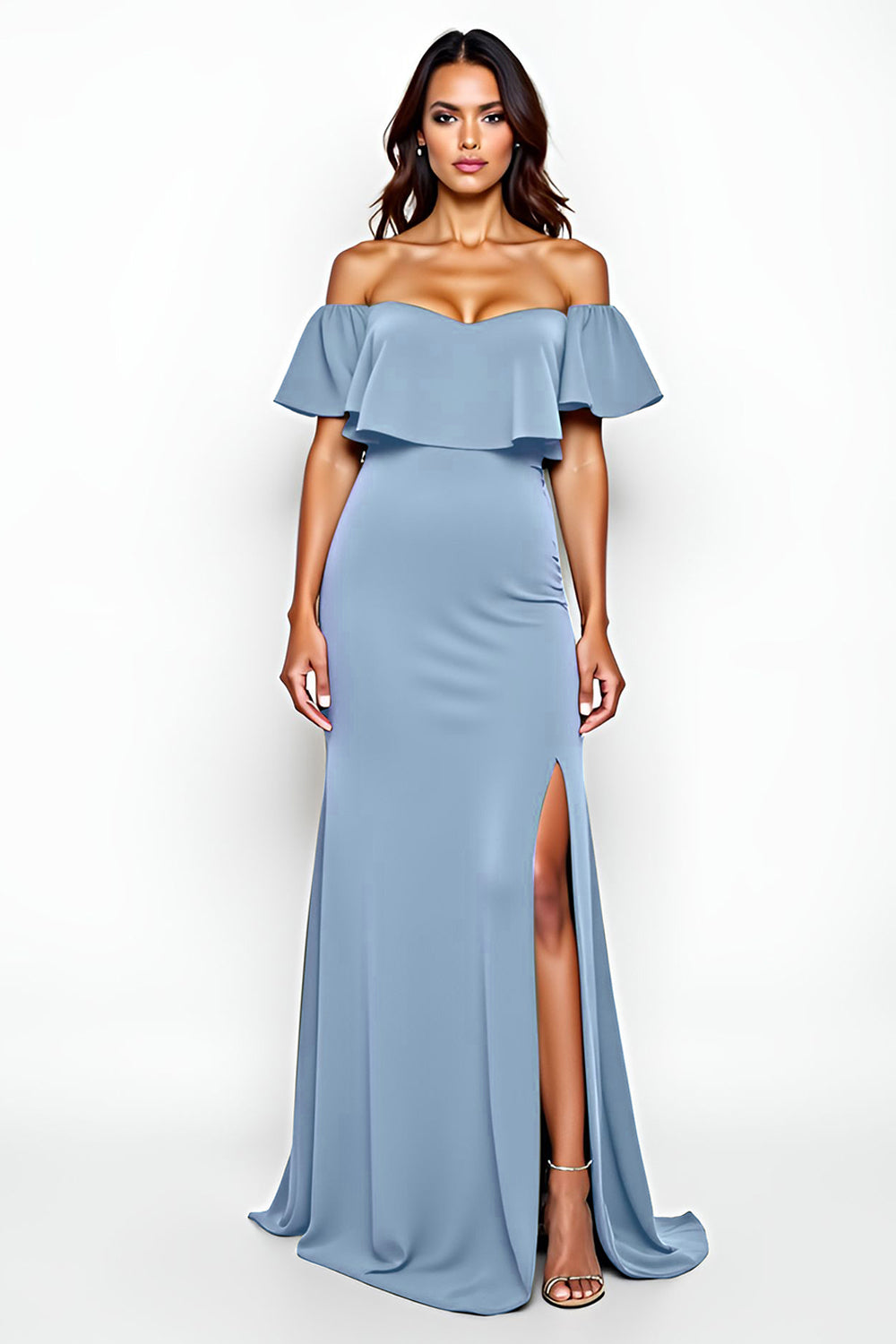 Sheath Dusty Blue Off the Shoulder Ruffled Long Bridesmaid Dress with Slit