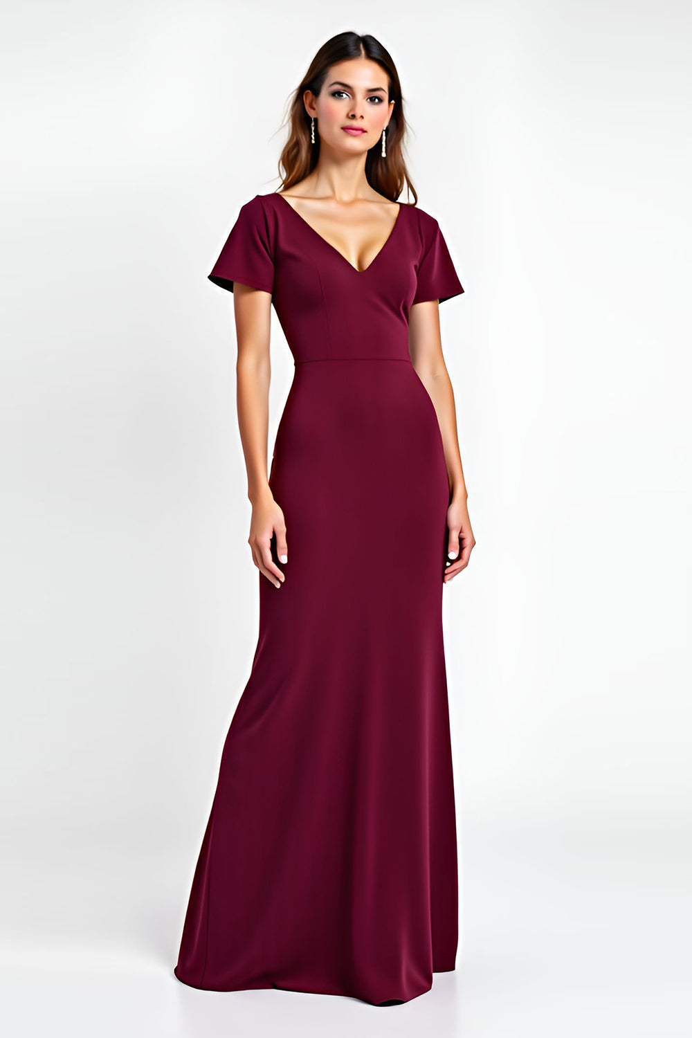 Leely Women Burgundy Sheath V-Neck Long Formal Dress Short Sleeves Backless Satin Evening Dress