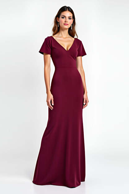 Leely Women Burgundy Sheath V-Neck Long Formal Dress Short Sleeves Backless Satin Evening Dress