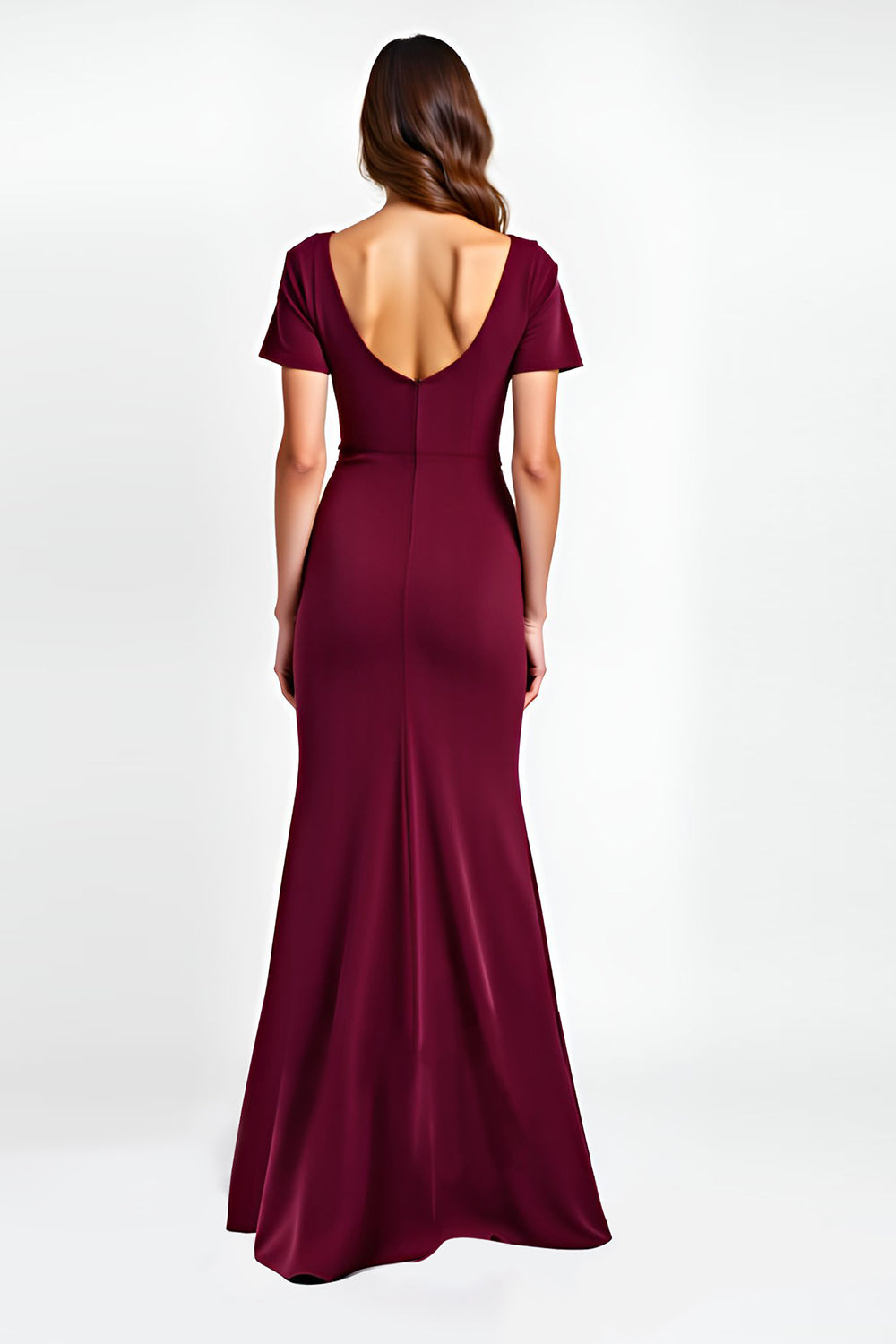 Burgundy V-Neck Short Sleeves Sheath Maxi Formal Dress