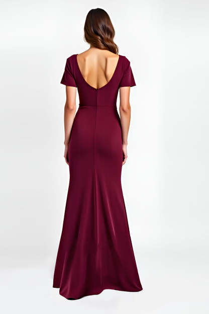 Burgundy V-Neck Short Sleeves Sheath Maxi Formal Dress