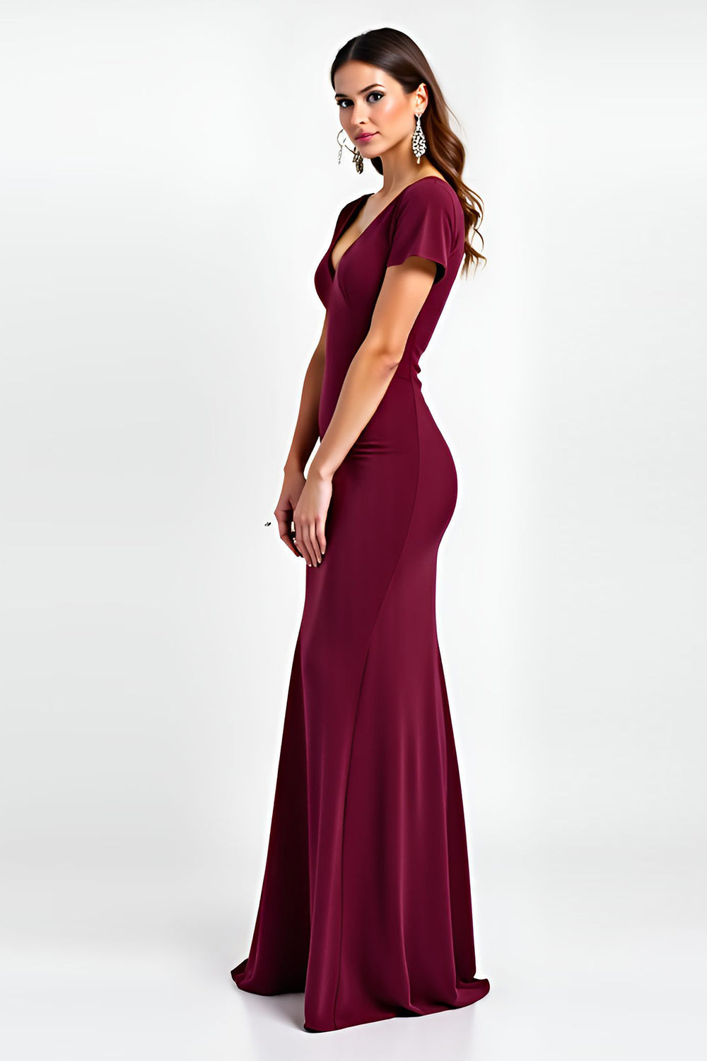 Burgundy V-Neck Short Sleeves Sheath Maxi Formal Dress