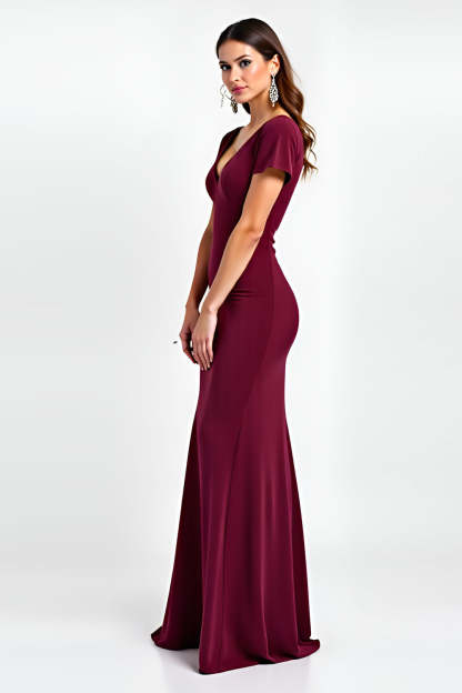 Burgundy V-Neck Short Sleeves Sheath Maxi Formal Dress