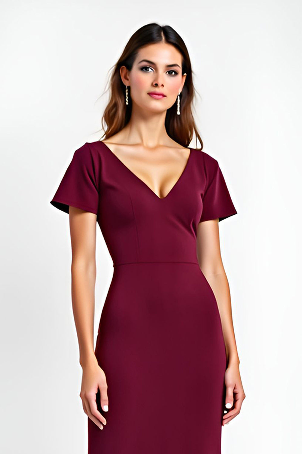 Burgundy V-Neck Short Sleeves Sheath Maxi Formal Dress