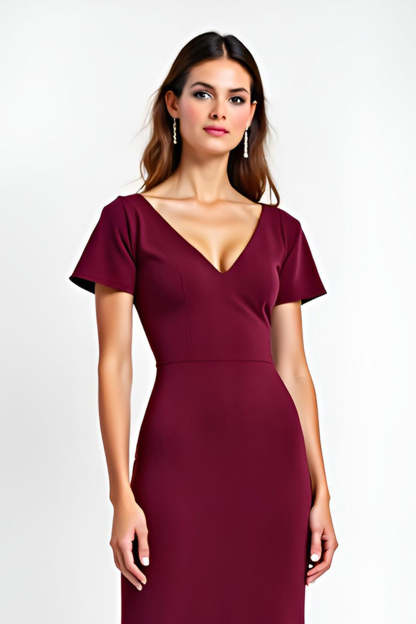 Burgundy V-Neck Short Sleeves Sheath Maxi Formal Dress