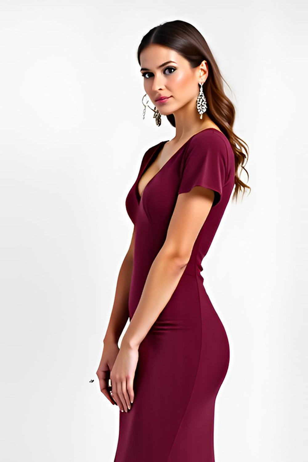Burgundy V-Neck Short Sleeves Sheath Maxi Formal Dress
