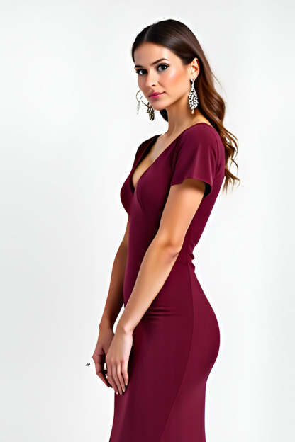 Burgundy V-Neck Short Sleeves Sheath Maxi Formal Dress