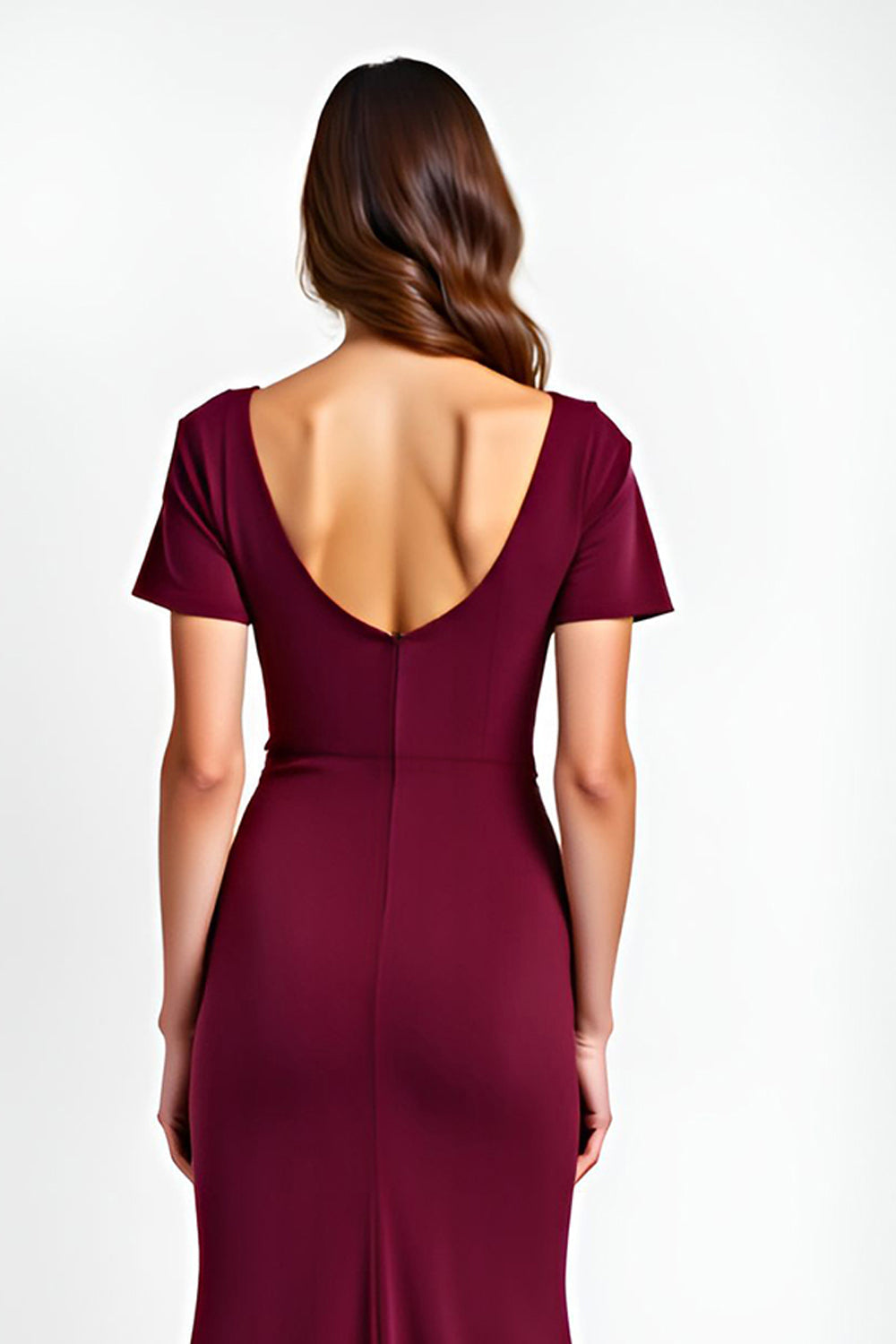 Burgundy V-Neck Short Sleeves Sheath Maxi Formal Dress