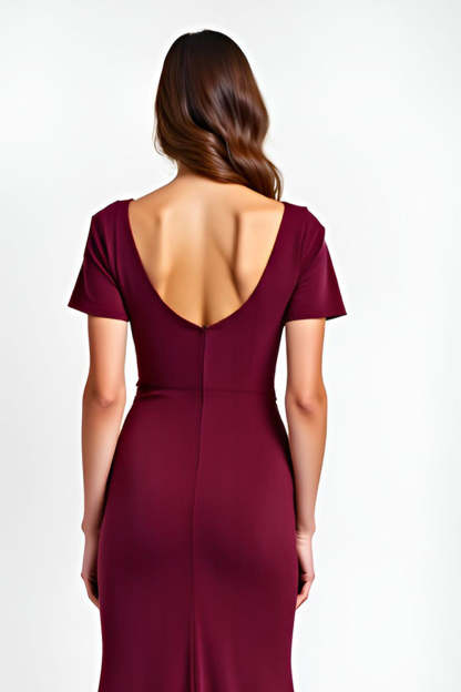 Burgundy V-Neck Short Sleeves Sheath Maxi Formal Dress