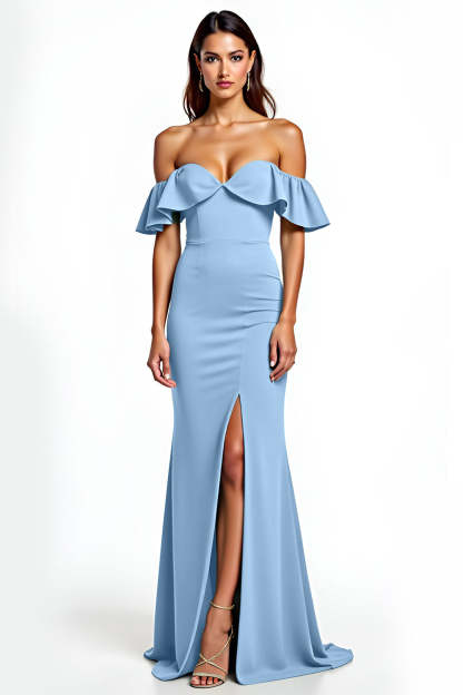 Leely Women Dusty Blue Sheath Long Wedding Guest Dress with Slit Backless Off the Shoulder Sweetheart Ruffled Formal Dress