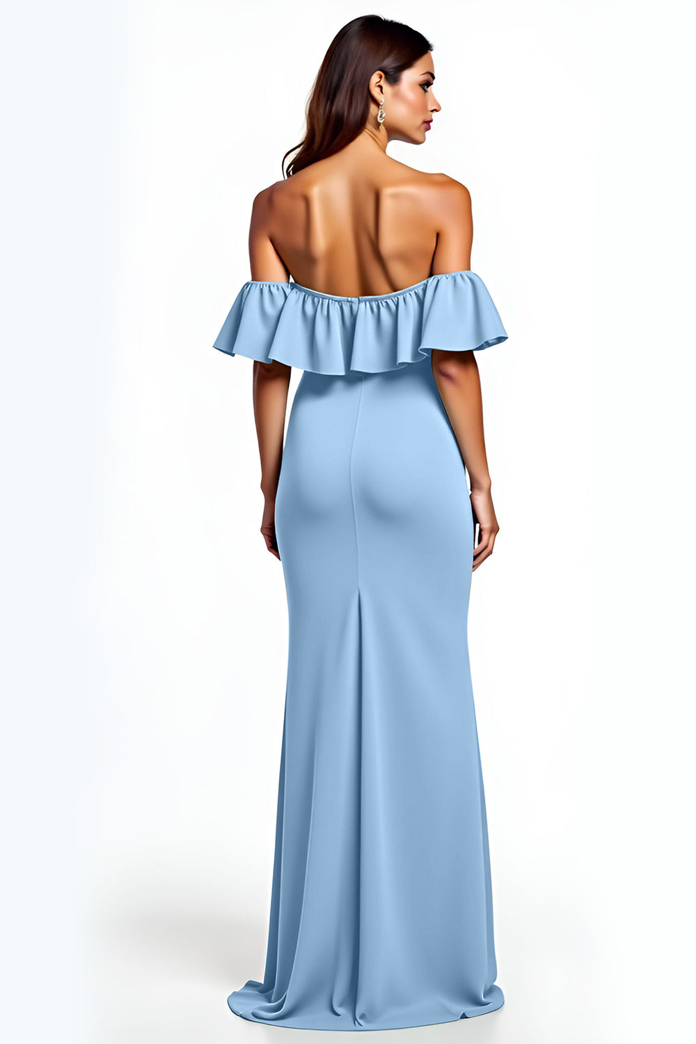 Dusty Blue Sheath Ruffled Long Wedding Guest Dress with Slit