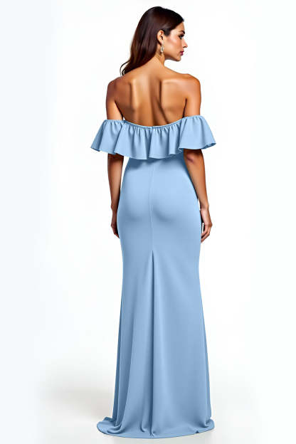 Dusty Blue Sheath Ruffled Long Wedding Guest Dress with Slit