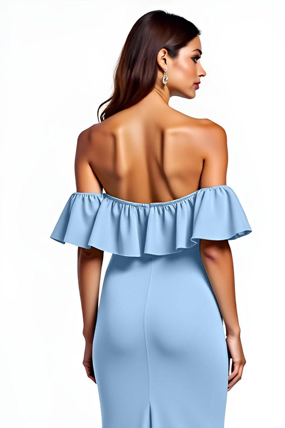 Dusty Blue Sheath Ruffled Long Wedding Guest Dress with Slit
