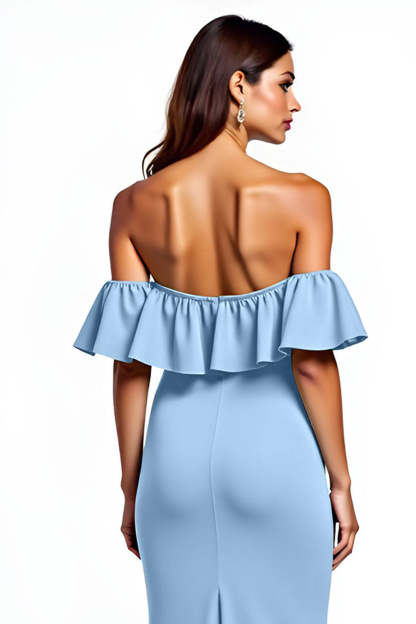 Dusty Blue Sheath Ruffled Long Wedding Guest Dress with Slit