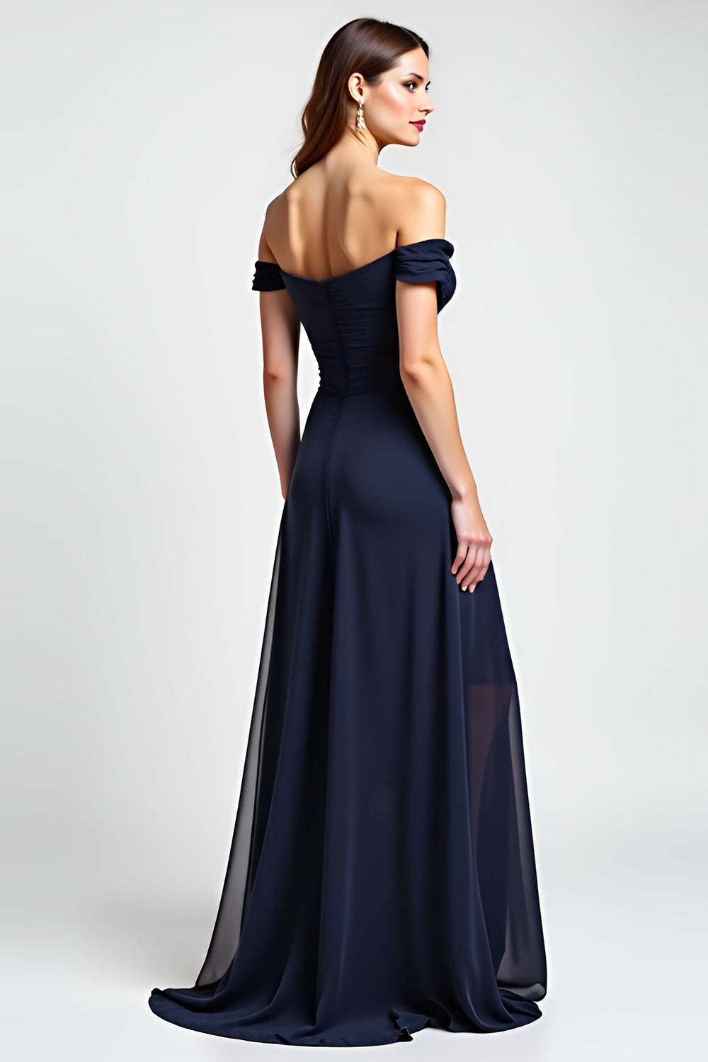 Navy A Line Off the Shoulder Chiffon Long Wedding Guest Dress