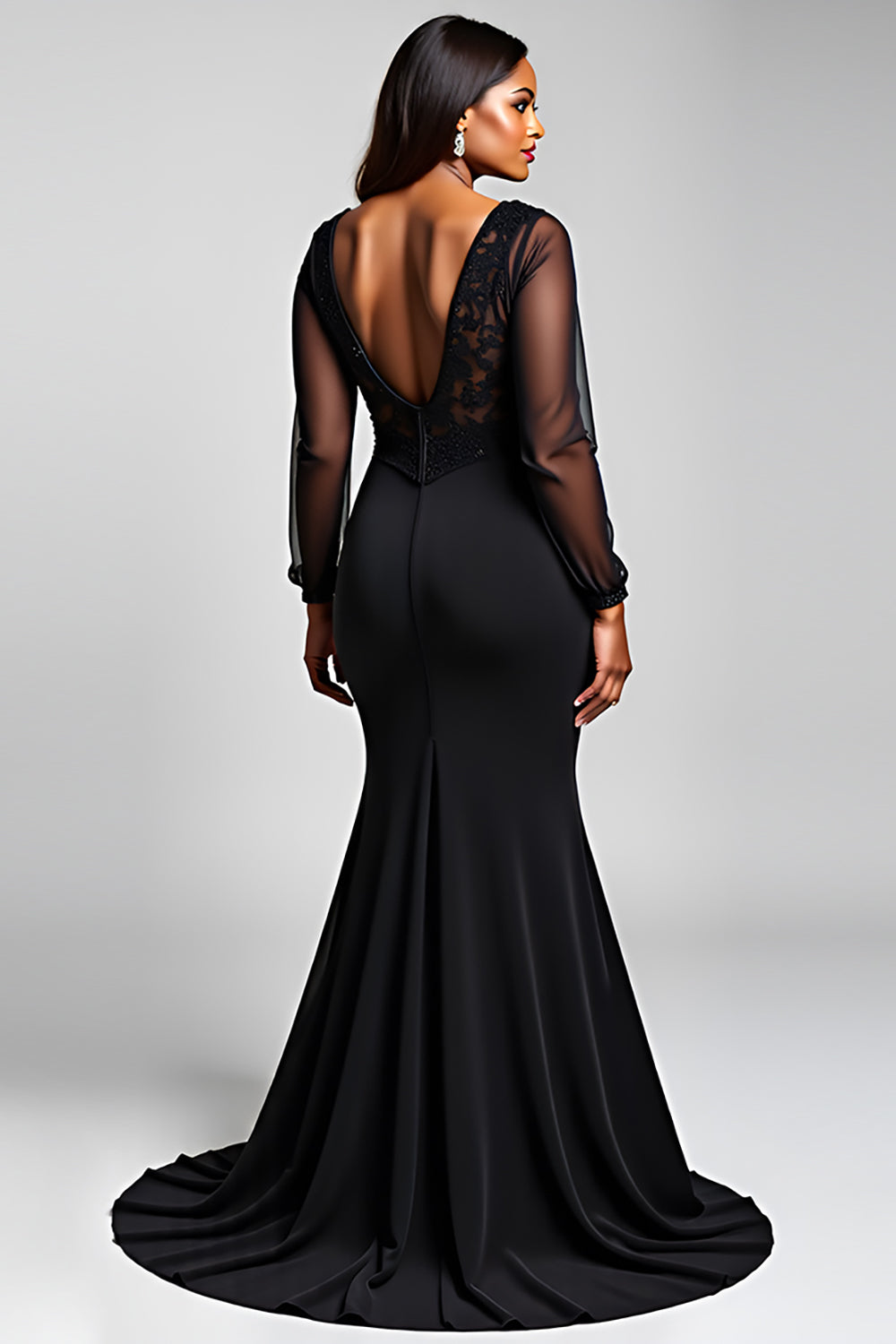 Black V-Neck Long Sleeves Appliqued Chiffon Formal Dress with Slit