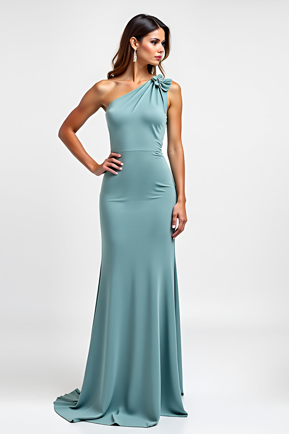 One Shoulder Blue Sheath Long Wedding Guest Dress