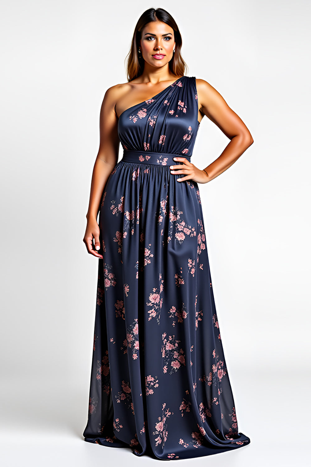 One Shoulder Navy Floral A Line Long Wedding Guest Dress with Slit