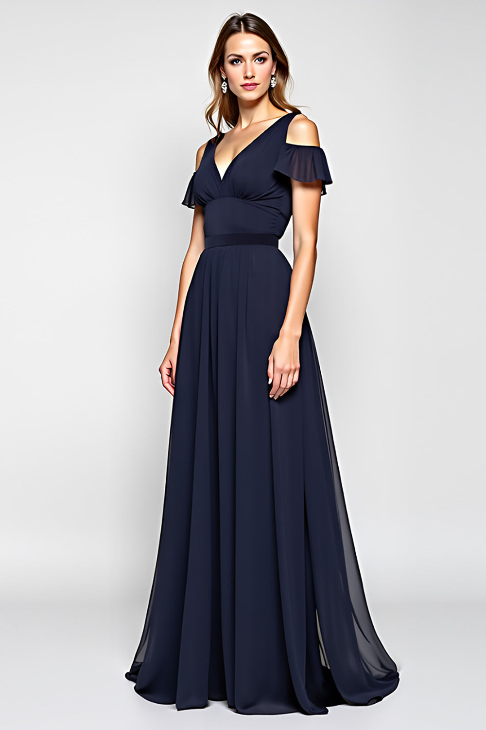 Leely Women A Line Navy Long Wedding Guest Dress Cold Shoulder V-Neck Chiffon Backless Formal Dress