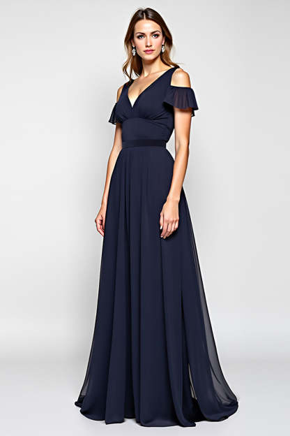 Leely Women A Line Navy Long Wedding Guest Dress Cold Shoulder V-Neck Chiffon Backless Formal Dress