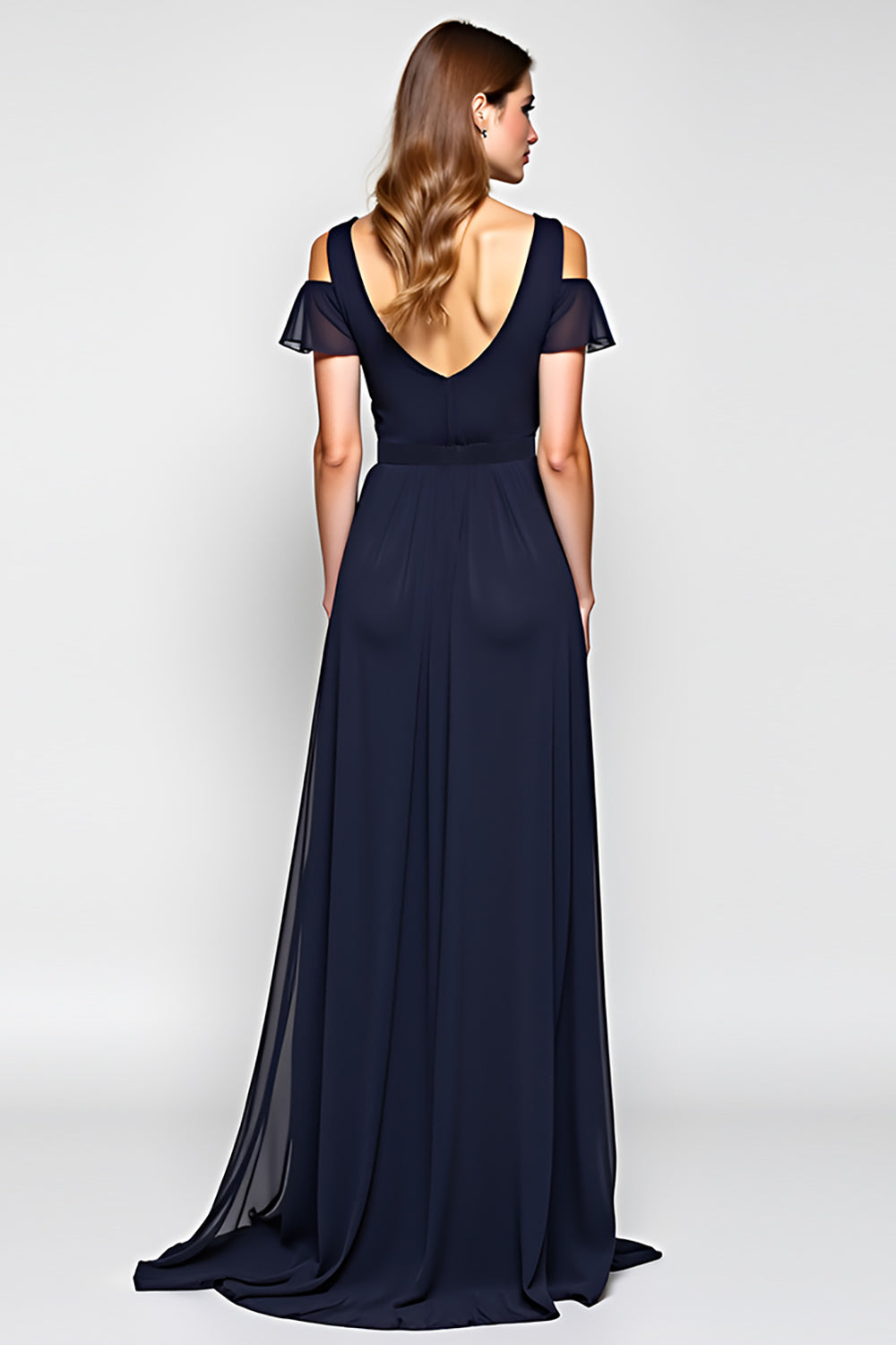 A Line Navy Cold Shoulder V Neck Long Wedding Guest Dress