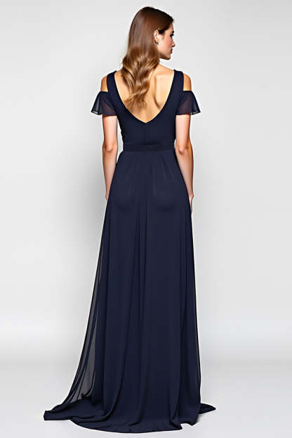 A Line Navy Cold Shoulder V Neck Long Wedding Guest Dress