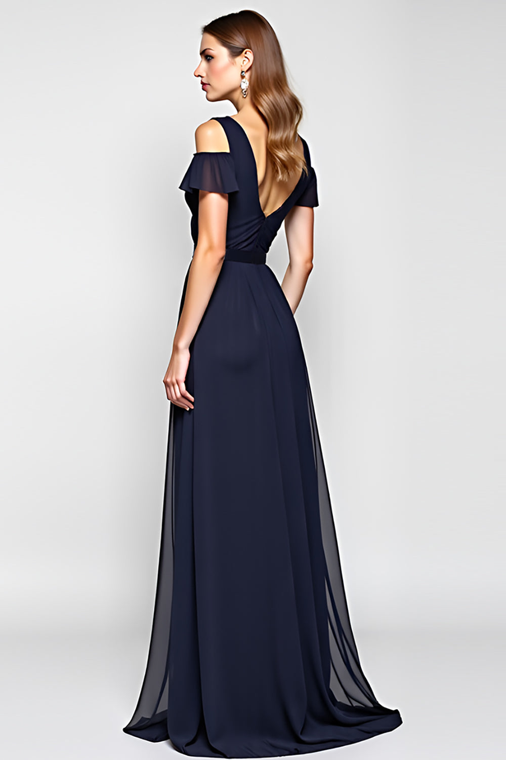 A Line Navy Cold Shoulder V Neck Long Wedding Guest Dress
