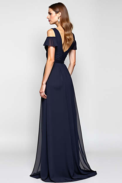 A Line Navy Cold Shoulder V Neck Long Wedding Guest Dress