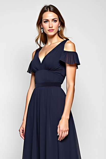 A Line Navy Cold Shoulder V Neck Long Wedding Guest Dress