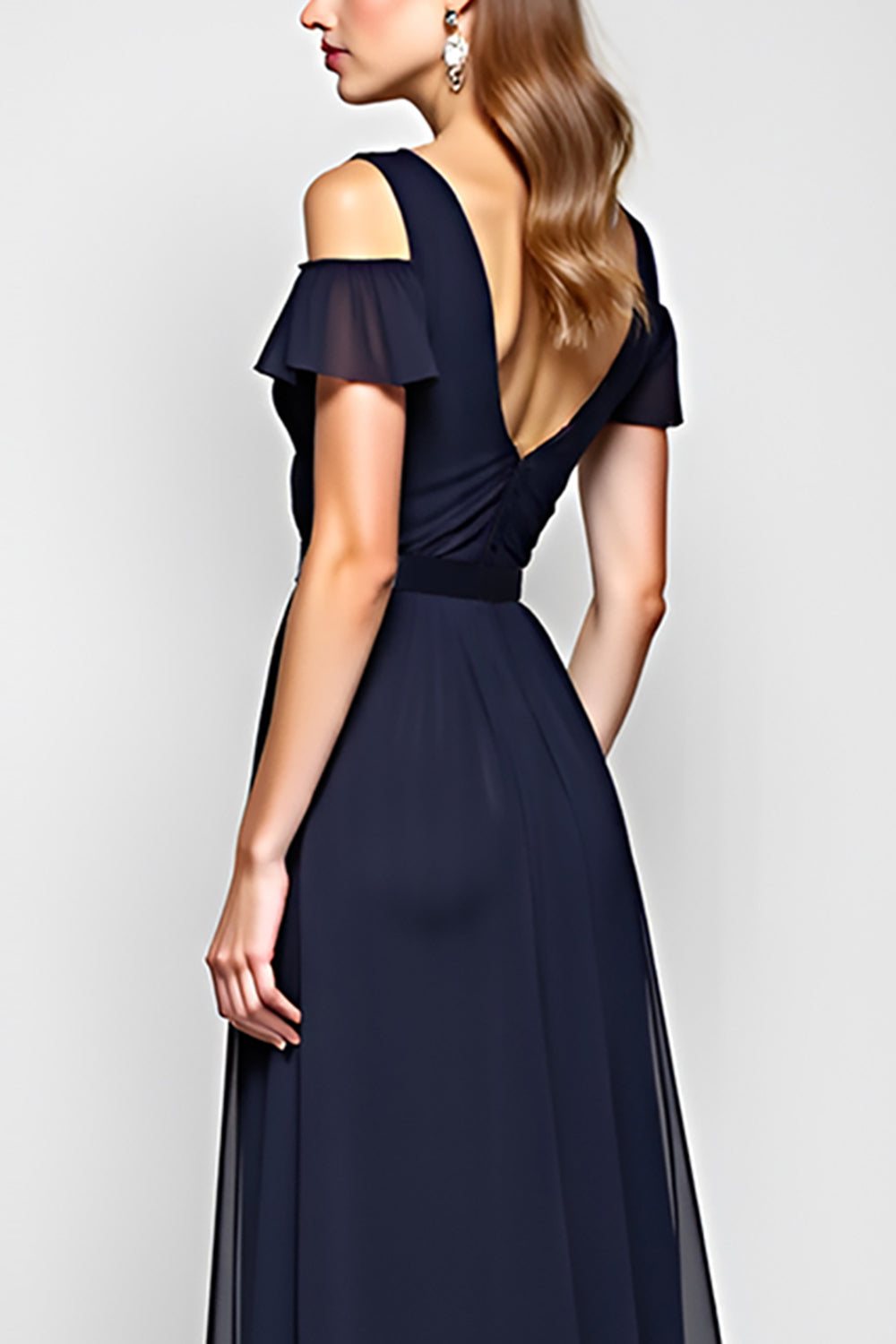 A Line Navy Cold Shoulder V Neck Long Wedding Guest Dress