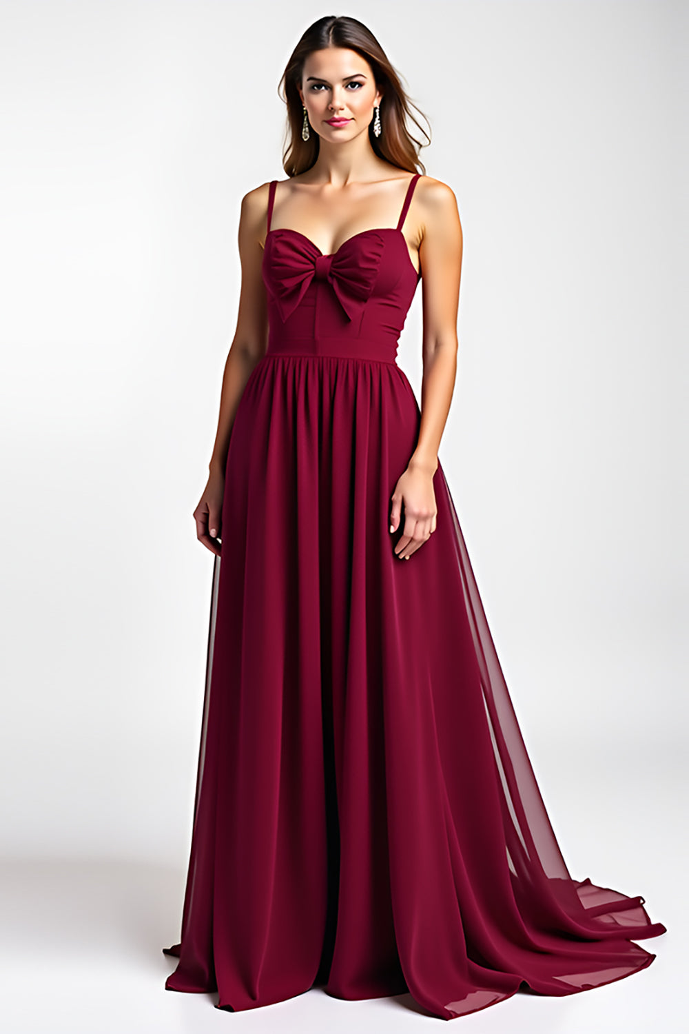 Burgundy Spaghetti Straps Chiffon Long Wedding Guest Dress with Bow
