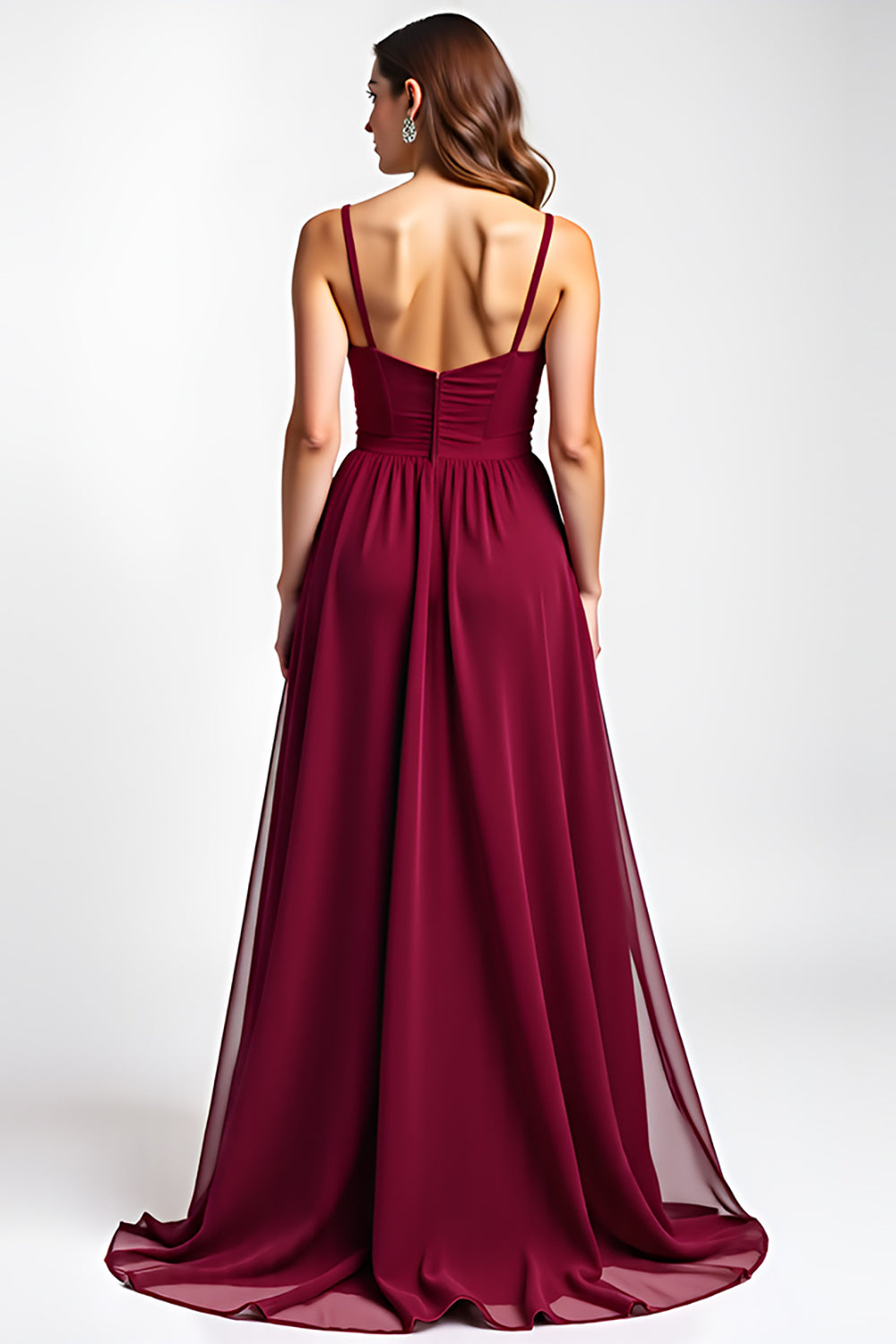 Burgundy Spaghetti Straps Chiffon Long Wedding Guest Dress with Bow