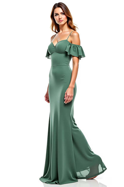 Leely Women Eucalyptus Chiffon Sheath Long Wedding Guest Dress Cold Shoulder Ruffled Formal Dress