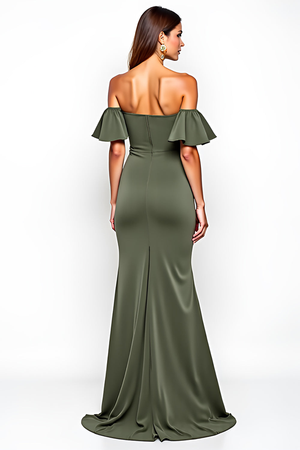 Off the Shoulder Sheath Olive Long Wedding Guest Dress with Slit