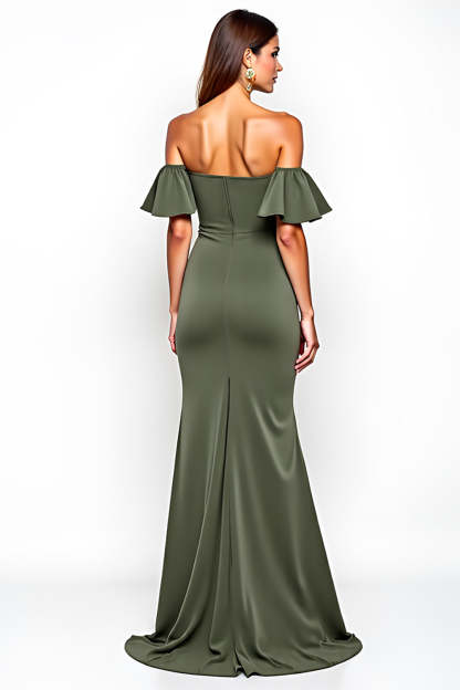 Off the Shoulder Sheath Olive Long Wedding Guest Dress with Slit