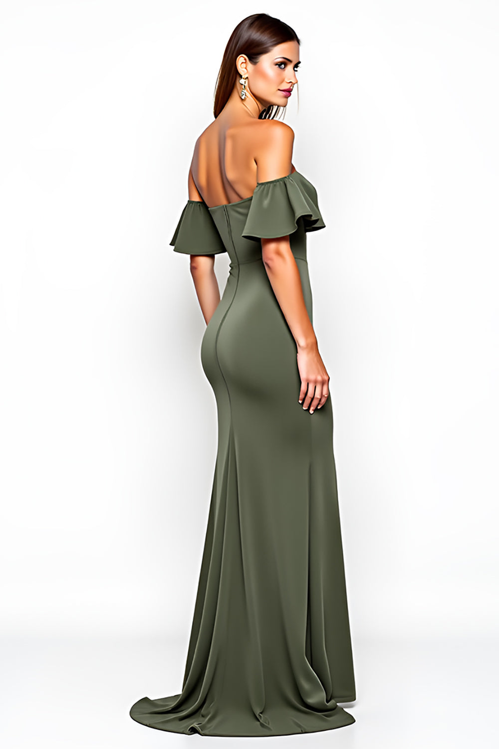 Off the Shoulder Sheath Olive Long Wedding Guest Dress with Slit