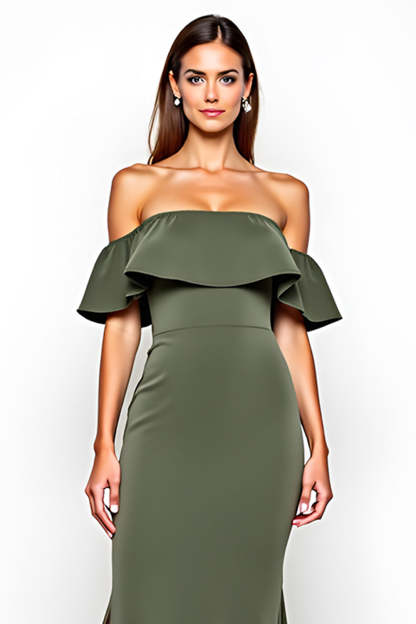 Off the Shoulder Sheath Olive Long Wedding Guest Dress with Slit