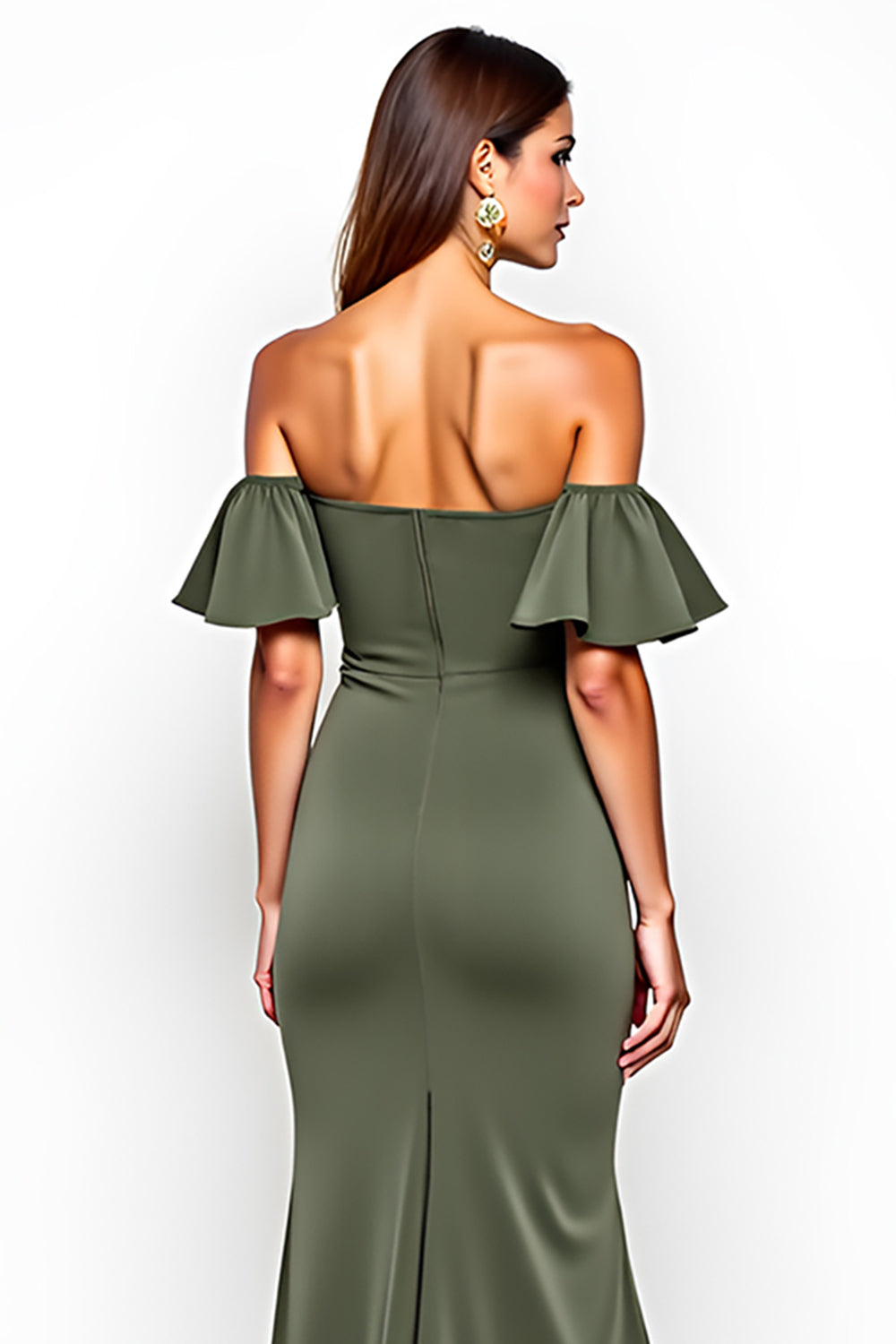 Off the Shoulder Sheath Olive Long Wedding Guest Dress with Slit
