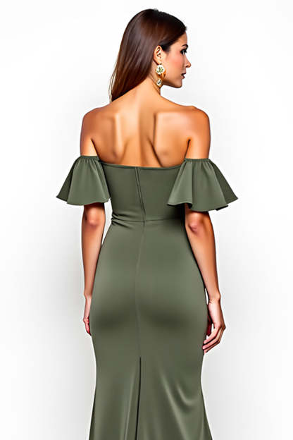 Off the Shoulder Sheath Olive Long Wedding Guest Dress with Slit