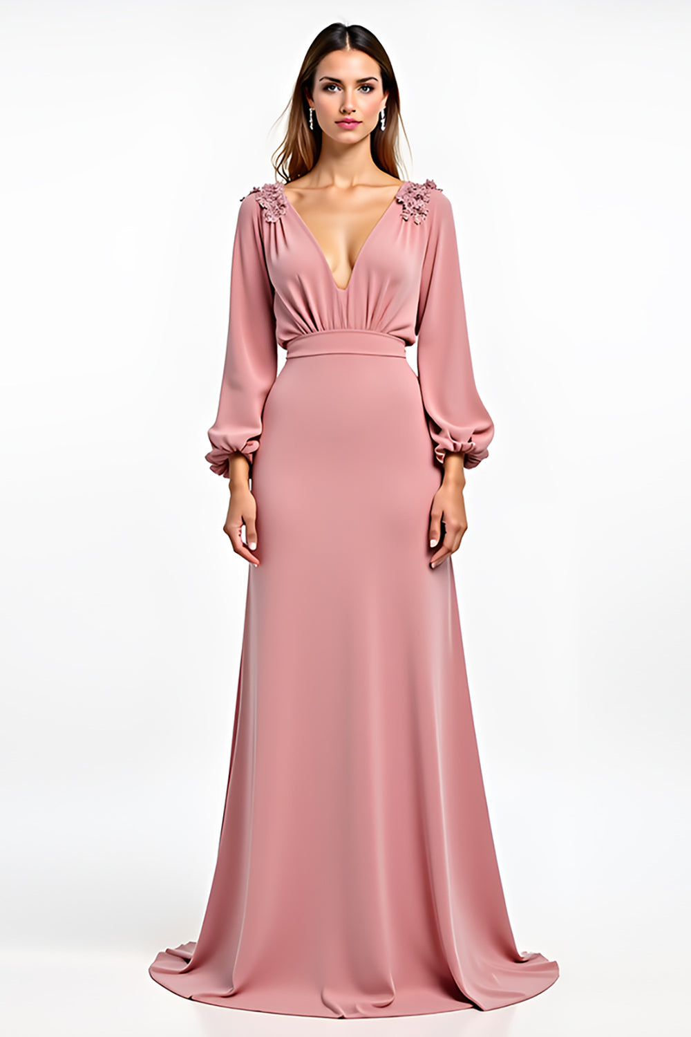 Dusty Rose V-Neck Long Sleeves Wedding Guest Dress