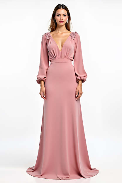 Dusty Rose V-Neck Long Sleeves Wedding Guest Dress