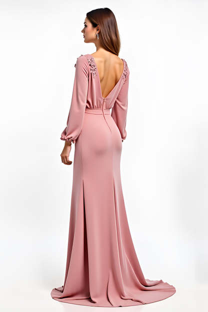 Dusty Rose V-Neck Long Sleeves Wedding Guest Dress