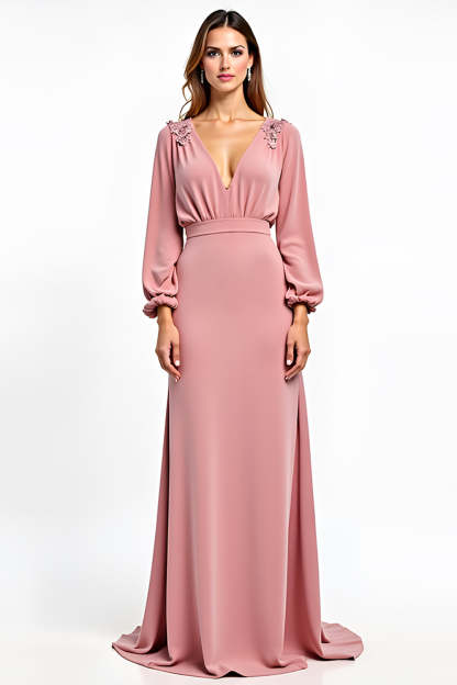 Leely Women Dusty Rose V-Neck Wedding Guest Dress Long Sleeves Backless Sheath Formal Dress