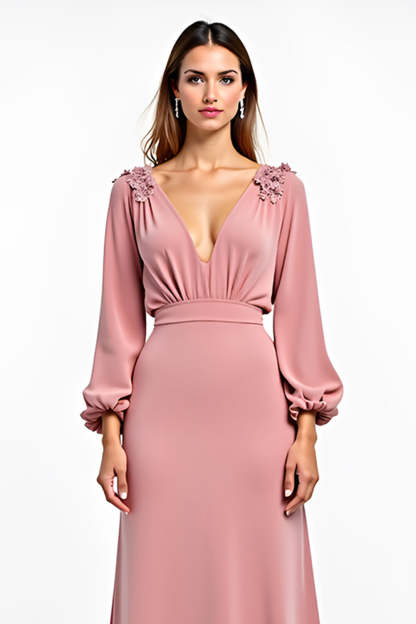 Dusty Rose V-Neck Long Sleeves Wedding Guest Dress